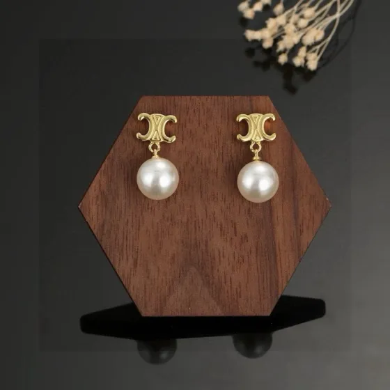 Celine Triomphe Pearl Drop earrings gold-tone metal with white pearl 1 2cm total drop length