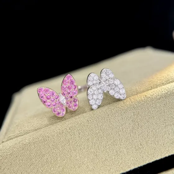 Van Cleef Arpels Two Butterfly ring 18k rose gold and 18k white gold set with pink sapphires and white diamonds US 7