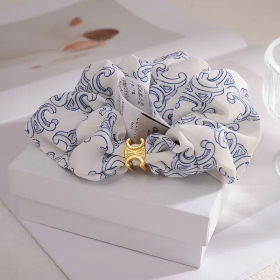 Celine Triomphe Scrunchie bracelet gold-tone metal white fabric with blue Triomphe monogram print 10cm diameter