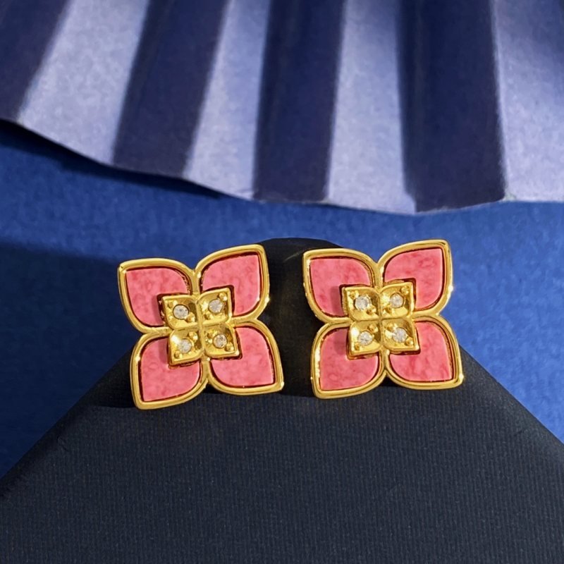 Roberto Coin Venetian Princess earrings yellow gold with pink rhodonite inlay and clear diamond accents 15mm stud diameter