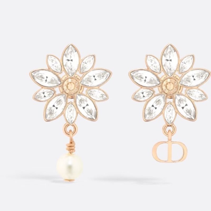 Dior CD Logo Flower Pearl Mismatched Drop Earrings earrings Gold-tone metal with clear faceted crystals and white pearl 2 5cm drop length