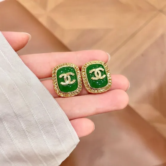 Chanel CC Logo Resin Square Stud Earrings earrings gold-tone metal emerald green resin 2cm stud diameter