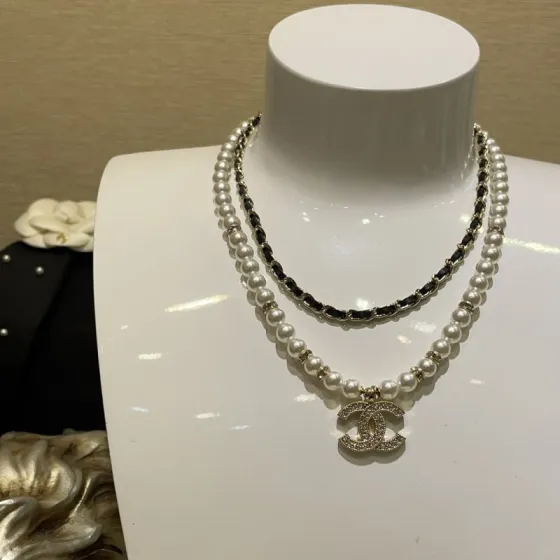 Chanel CC Crystal Pearl Double Layer Chain Necklace necklace gold tone metal white faux pearl clear crystal 42cm with 5cm extender