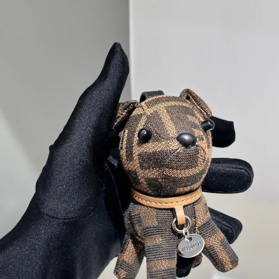 Fendi FF Monogram Dog Charm pendant tobacco brown and black FF jacquard canvas silver-tone metal hardware black leather strap tan leather collar black resin accents 10cm total length with