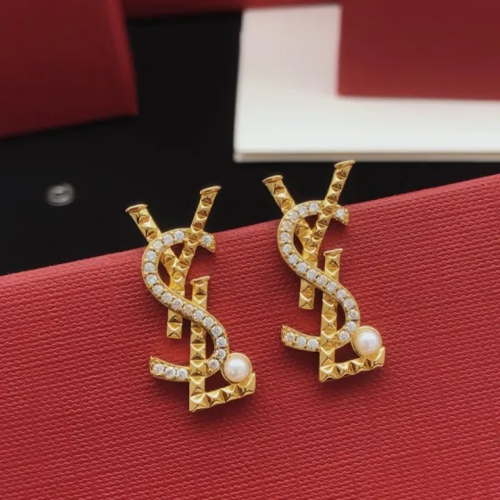 Saint Laurent YED0074 Cassandre Monogram Stud Earrings earrings gold-tone metal with clear cubic zirconia and white pearl accents 2 5cm length