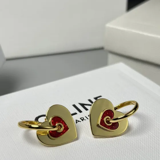 Celine YHEH055 Heart earrings gold-tone metal with red glitter enamel 1 5cm drop