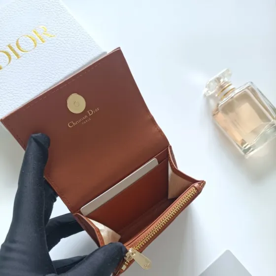 Christian Dior Dior Caro wallet Cognac brown grained calfskin leather with gold-tone metal hardware 11x7 5x2 5cm