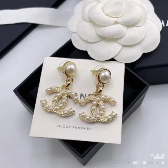 Chanel CC Pearl Crystal Drop Earrings earrings gold-tone metal cream faux pearl clear crystal 3cm drop length