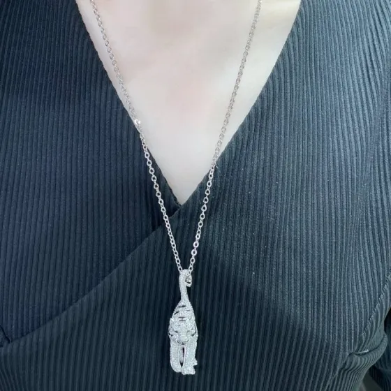 Cartier PANTHERE DE CARTIER necklace 18k white gold pave diamonds emerald eyes black lacquer accents 45cm