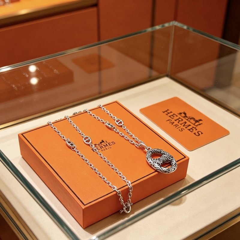 Hermes Farandole Engraved Chaine d Ancre necklace Antique silver-toned metal with black oxidized engraved detailing 60cm