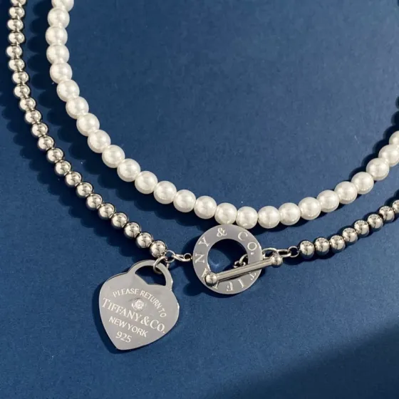 Tiffany Co Return to Tiffany Heart Tag necklace Silver-toned metal with white pearls and clear accent stone 40cm