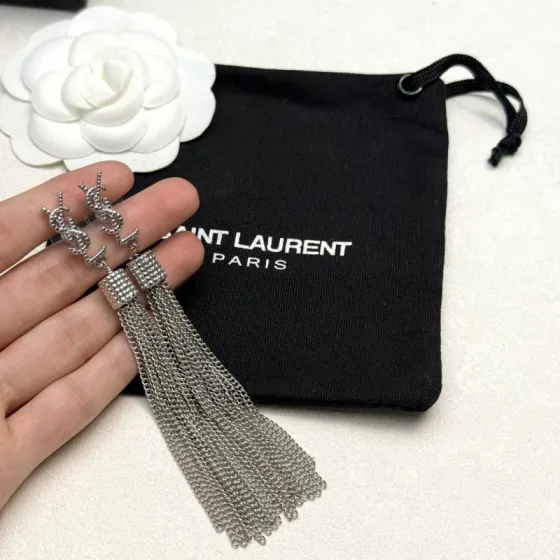 Saint Laurent Cassandre YSL Logo Tassel Drop Earrings earrings silver-toned metal with clear crystal pave detailing 8cm drop length