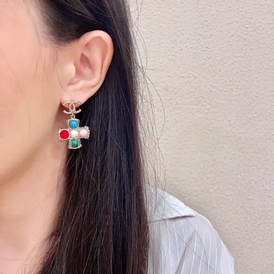 Chanel CC Logo Multicolor Cross Drop Earrings earrings silver-tone metal with blue red white pearl pink green malachite cabochon stones 3 2cm drop length