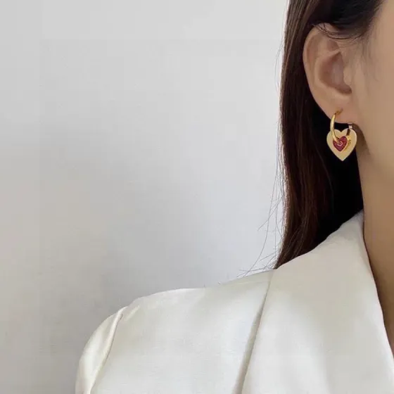 Celine Heart Charm Hoop Earrings earrings gold-tone metal with red enamel heart detail 1 5cm hoop diameter 2cm total drop length