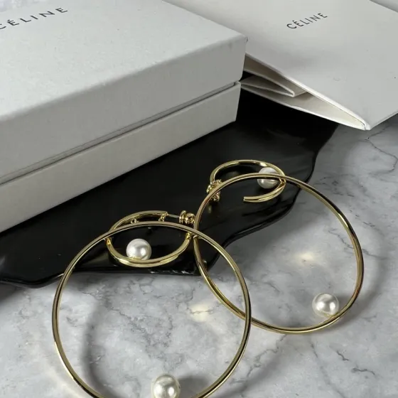 Celine YHED050 Double Hoop Pearl Earrings earrings gold-tone metal with white imitation pearl accents 60mm outer hoop diameter