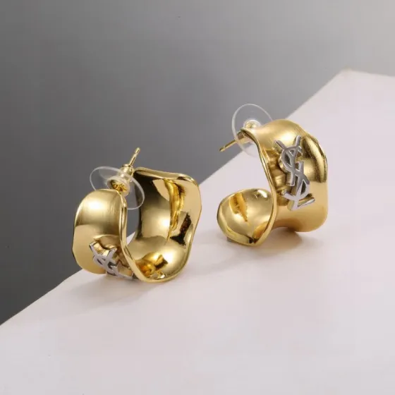 Saint Laurent Cassandre Wavy Hoop earrings gold-tone metal with silver-tone monogram 2 2cm diameter
