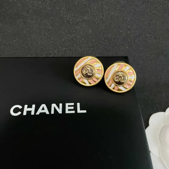 Chanel CC Logo Striped Enamel Button Earrings earrings gold tone metal with pink and white enamel 2cm diameter
