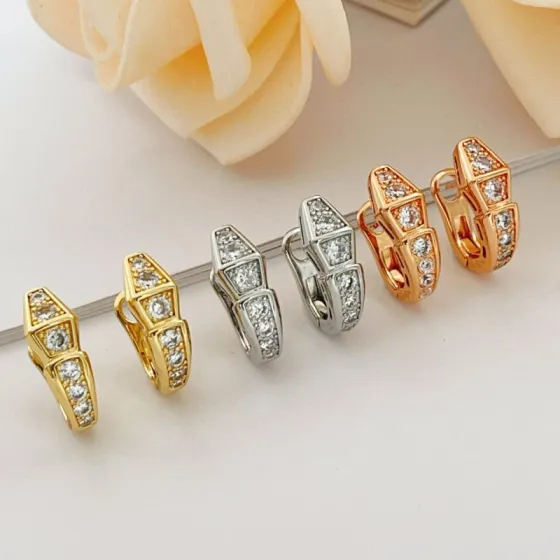 Bvlgari Serpenti Viper earrings rose gold metal with clear diamond-like cubic zirconia stones 15mm hoop diameter
