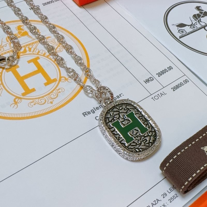 Hermes H Logo Oval Pendant necklace Silver-toned metal with green enamel H detail antiqued textured silver pendant base 60cm