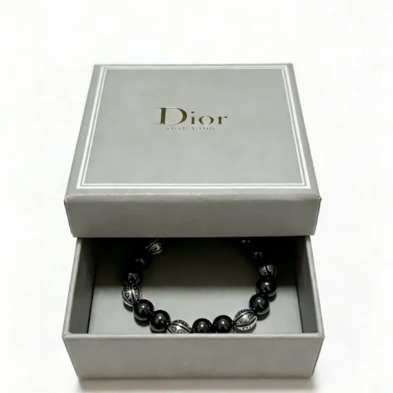Dior Beaded Logo Bracelet bracelet Black onyx beads with antique silver-tone metal logo beads 19cm
