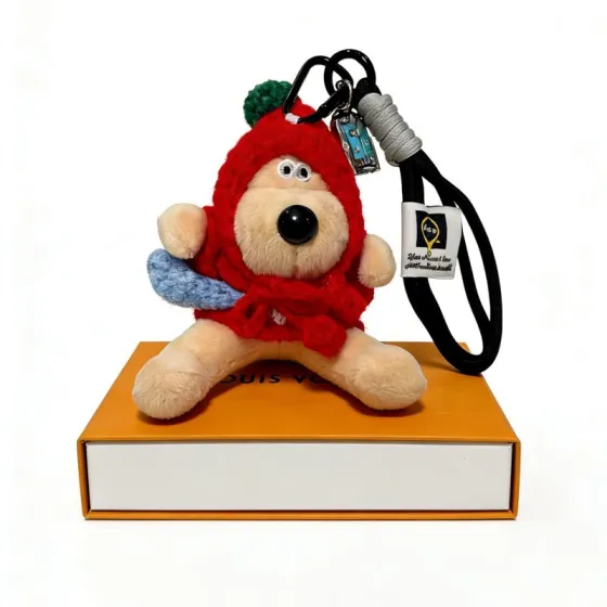 Louis Vuitton Anger Forest Plush Dog Keychain pendant beige plush red knit light blue knit green pom black cord gray wrap silver metal blue enamel charm 12cm strap length