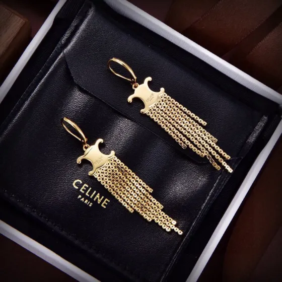 Celine Triomphe Fringe earrings 18k gold-tone metal with clear crystal rhinestones also available in silver-tone metal with clear crystal rhinestones 7cm drop length