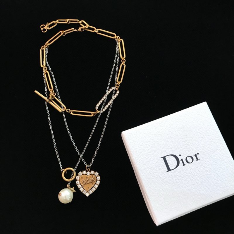 Dior J Adior necklace Antique gold and silver-tone metal clear crystal accents white pearl 42cm