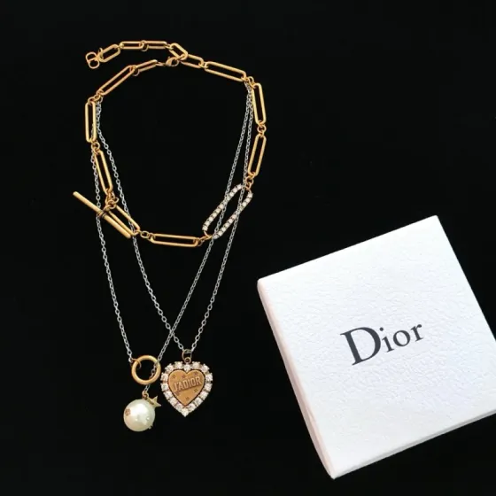 Dior J Adior necklace Antique gold and silver-tone metal clear crystal accents white pearl 42cm