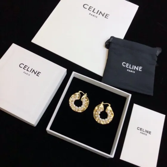 Celine 05038100 Hammered Pearl Crystal Hoop Earrings earrings Gold-tone metal with white pearls and clear crystals One Size 3cm diameter
