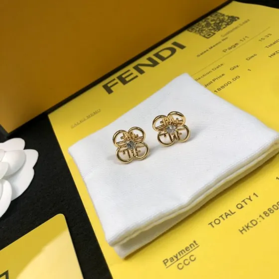 Fendi Fendi logo four-leaf clover earrings gold-tone metal with clear cubic zirconia 1 2cm diameter