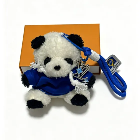 Louis Vuitton Anger Forest Panda Charm Keychain pendant Silver-tone metal with blue enamel accents blue and white cord black and white plush with blue fabric clothing 18cm strap length