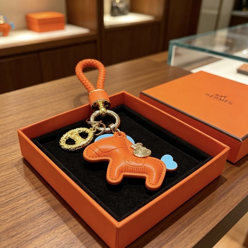Hermes Rodeo Horse Charm Keychain pendant Orange leather with light blue accents gold and silver tone metal hardware 10cm total length