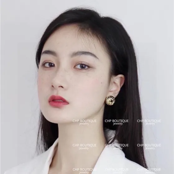 Celine Logo Engraved Crystal Stud Earrings earrings gold-tone metal with clear crystal accents 1 5cm diameter