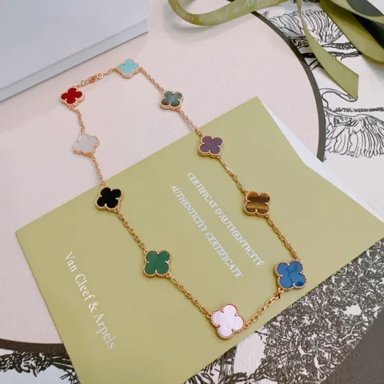 Van Cleef Arpels Alhambra necklace Rose gold with multicolor clover inlays red turquoise gray mother-of-pearl white mother-of-pearl black onyx green malachite purple tiger s eye blue agate pink mother-of-pearl 42cm