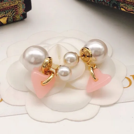 Dior Tribales Pink Heart Pearl Earrings earrings Gold-tone metal white pearls pink resin heart charms One Size