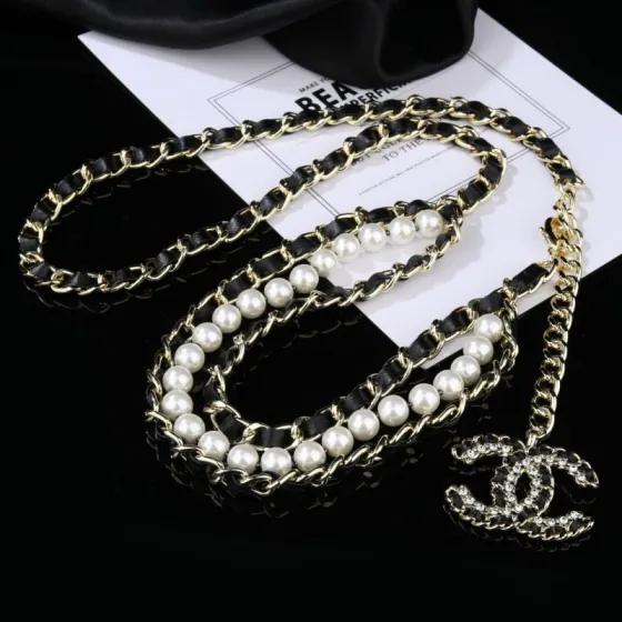 Chanel CC Logo Pearl Leather Chain Waist Necklace necklace Gold-tone metal black leather white faux pearl clear crystal 80cm