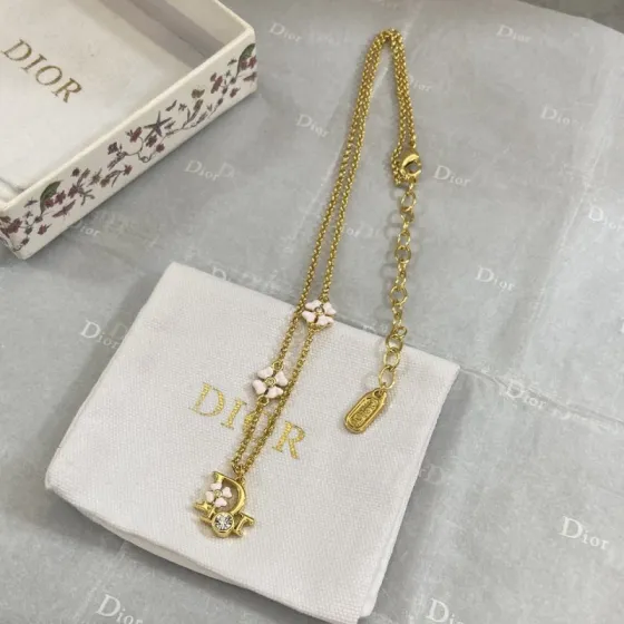 Dior Di OR small flower necklace gold-tone metal with light pink enamel flowers and clear crystal accents 42cm with 5cm extender