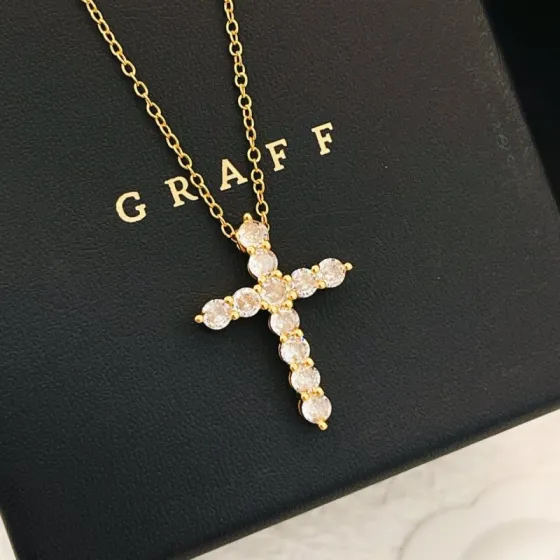 Graff Cross Pendant necklace Yellow gold with clear round-cut diamonds 45cm with 5cm extender