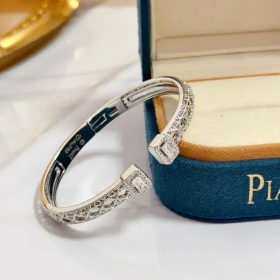 Piaget Possession Open Cuff Bangle bracelet 18K white gold with clear diamond accents 16cm inner circumference