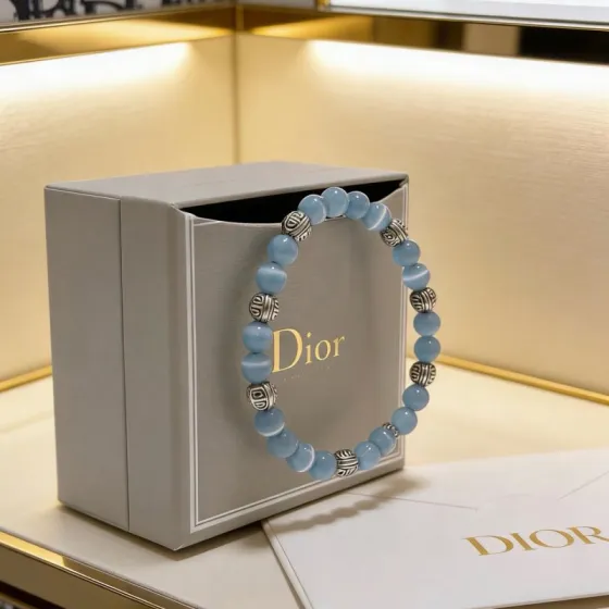 Dior Beaded Logo Charm Bracelet bracelet Silver-toned metal light blue cat s eye stone 18cm