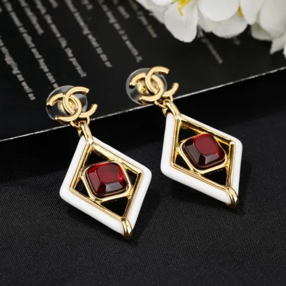 Chanel CC Logo Diamond Drop Earrings earrings gold-tone metal white enamel deep red resin stone 3 5cm drop length