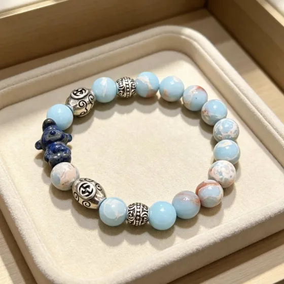 Gucci Anger Forest Beaded Bracelet bracelet Antique silver-toned metal light blue variegated stone beads dark blue lapis lazuli bear charm 18cm
