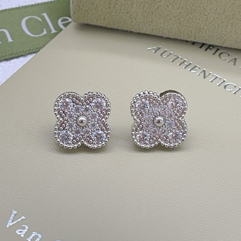 Van Cleef Arpels Alhambra earrings silver-toned white gold with clear diamond pave 9 5mm stud diameter