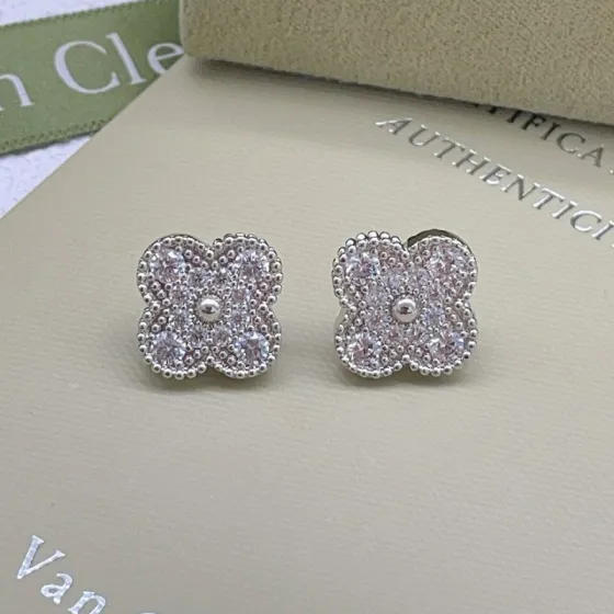Van Cleef Arpels Alhambra earrings silver-toned white gold with clear diamond pave 9 5mm stud diameter