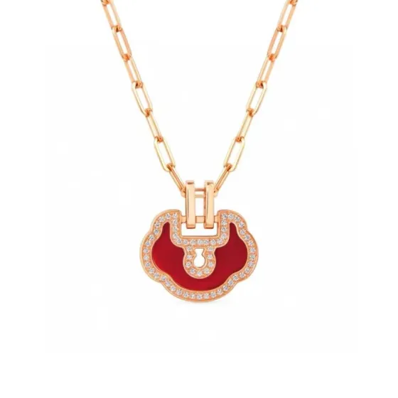 Qeelin Petite Yu Yi necklace 18K rose gold red carnelian diamond 42cm