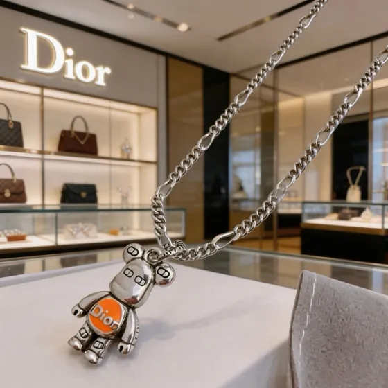 Dior Bearbrick Charm Pendant Necklace necklace Silver-toned metal with orange enamel accent 60cm