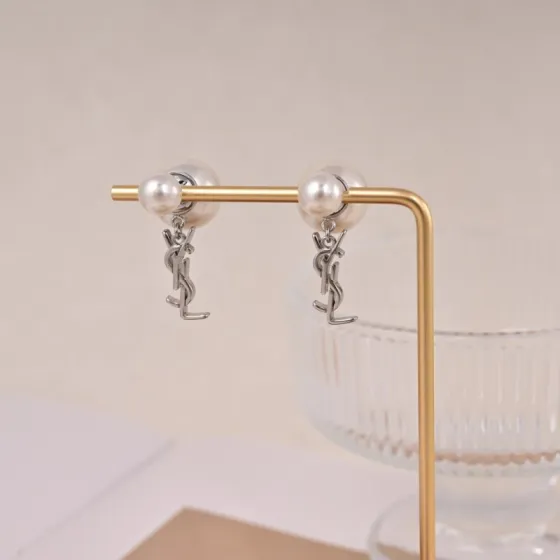Saint Laurent Cassandre YSL Logo Double Pearl Drop Earrings earrings Silver-tone metal with white imitation pearls One Size standard post earring drop length approx 2 5cm