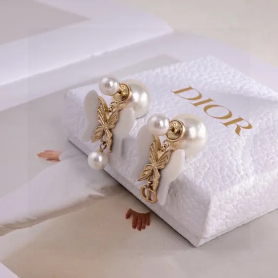 Dior Tribales Butterfly Pearl CD Drop Earrings earrings matte gold-tone metal white resin white cultured pearls 3 5cm drop length