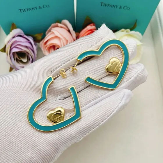 Tiffany Co Return to Tiffany Heart Hoop earrings gold-tone metal with turquoise blue enamel 4 5cm hoop diameter