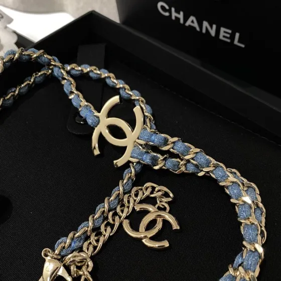 Chanel CC Denim Woven Chain Double Layer Necklace necklace Light gold tone metal light blue denim woven chain 80cm with 5cm extender